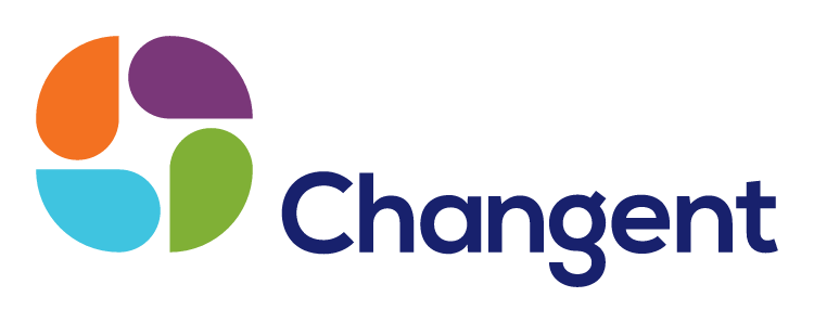 Colorful abstract teardrop shapes in a circle orientation logo with orange, purple, blue, and green shapes next to the word "Changent" in dark blue text.