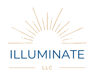 Logo with a rising sun design, the text 'ILLUMINATE LLC' in blue and gold colors.