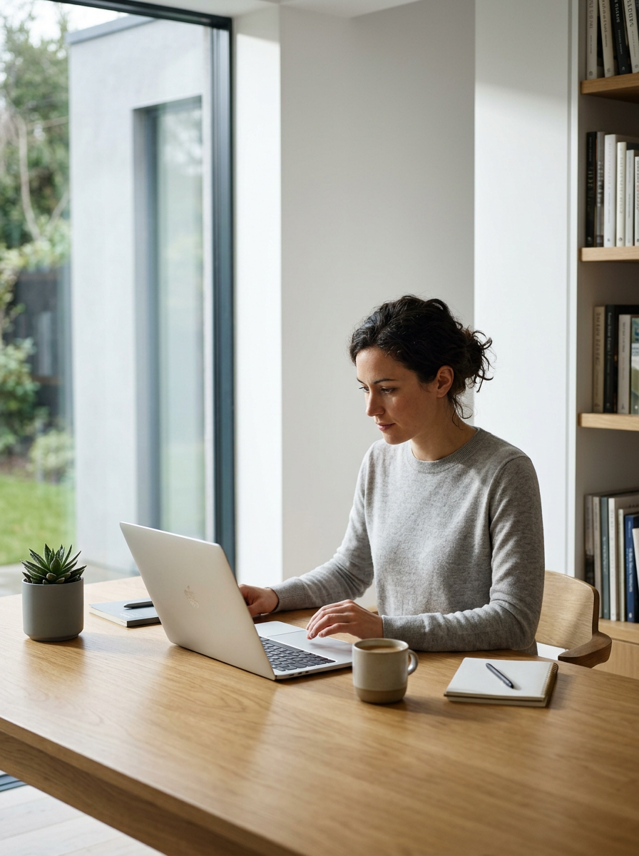 A woman working on a laptop at a wooden desk in a bright room, with a window showing greenery outside. There is a potted plant, a notebook, a pen, and a coffee mug on the desk, and a bookshelf filled with books to the right.