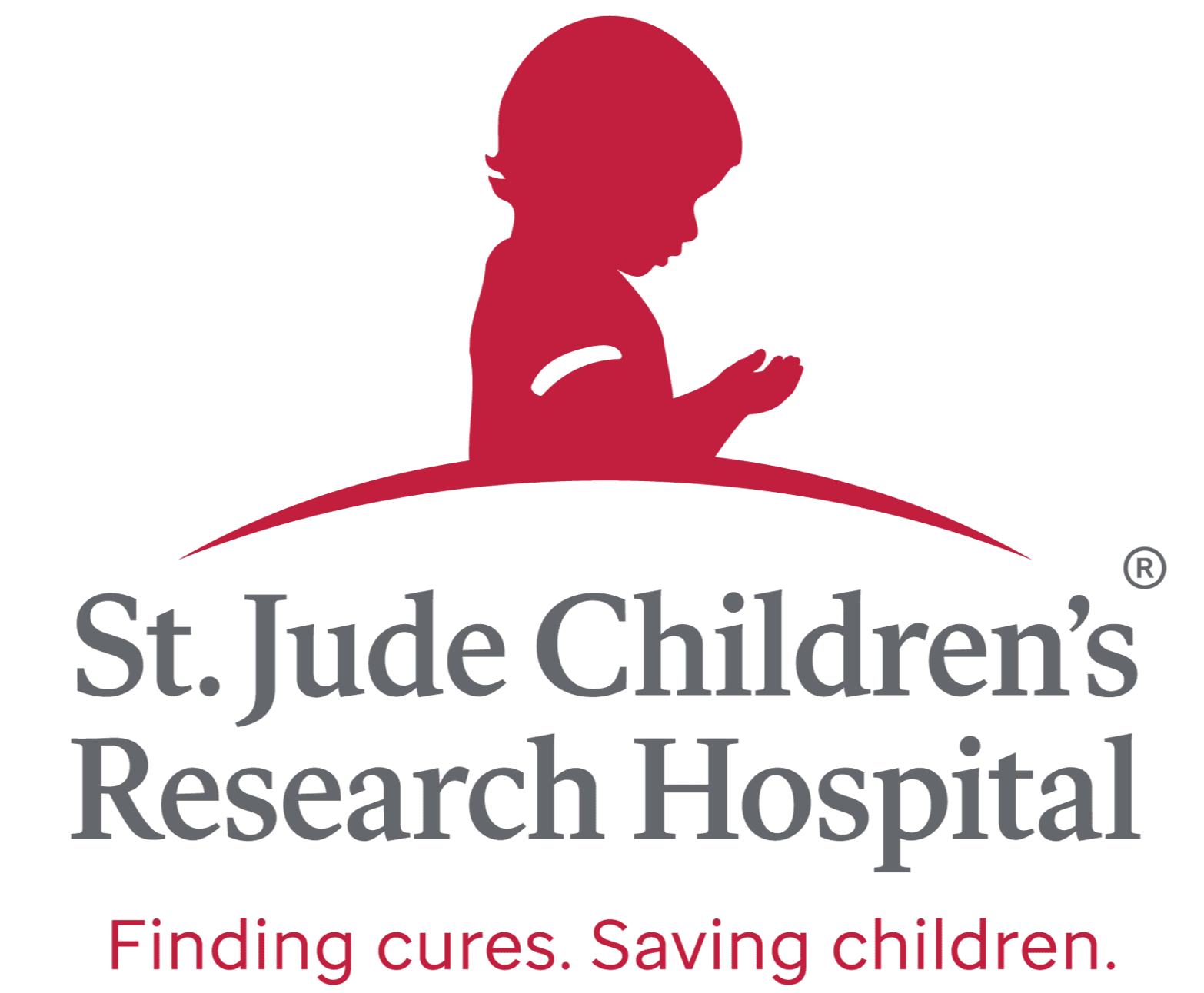 Logo of St. Jude Children's Research Hospital featuring a red silhouette of a child with open hands above gray text that reads "St. Jude Children's Research Hospital" with the tagline 'Finding cures. Saving children.' in red text below.