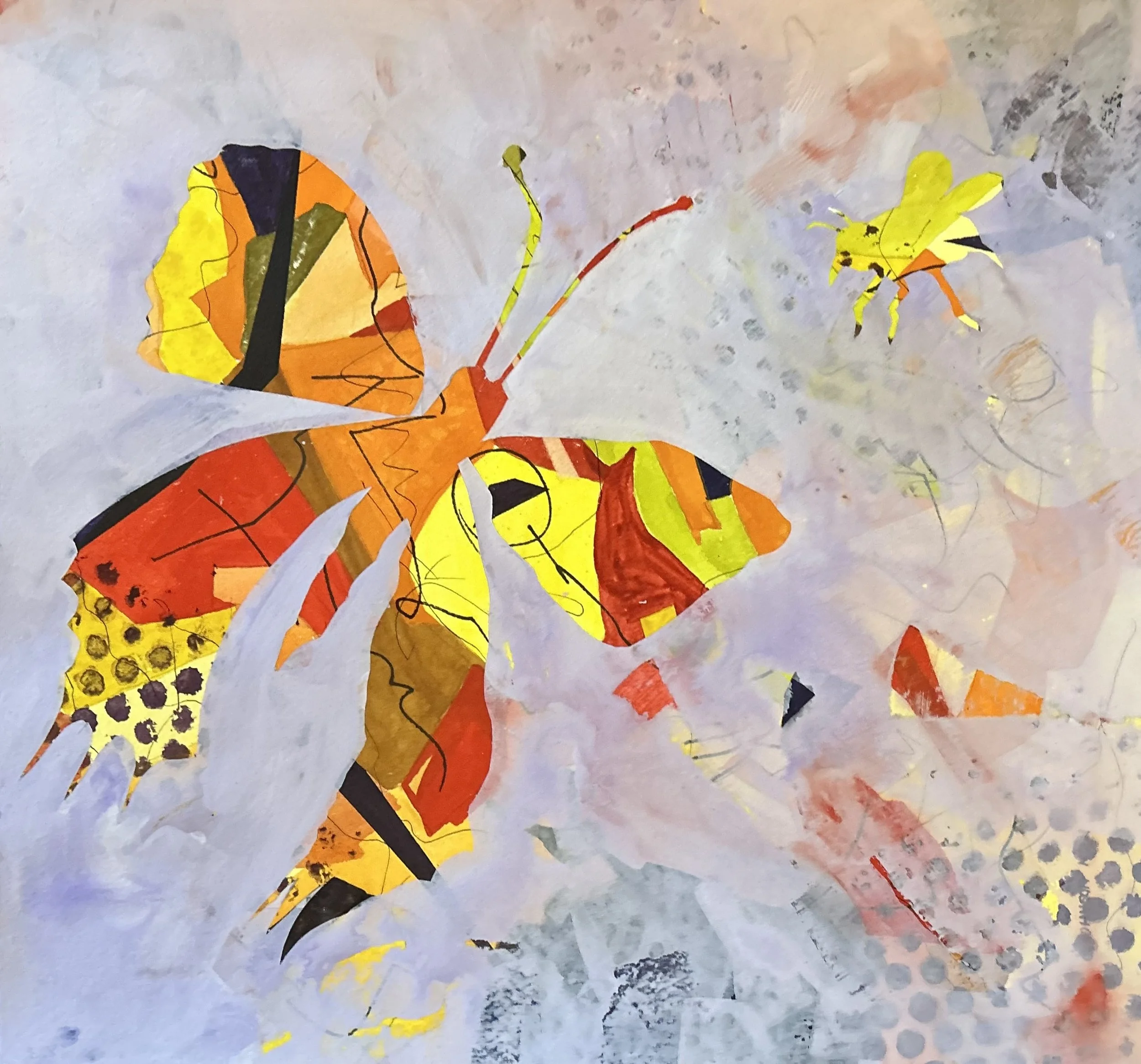 Butterfly and Bee, Original Mixed Media on Stretched Over Frame, Size 15 X 15, Price:  $395, Print on Paper:  $75