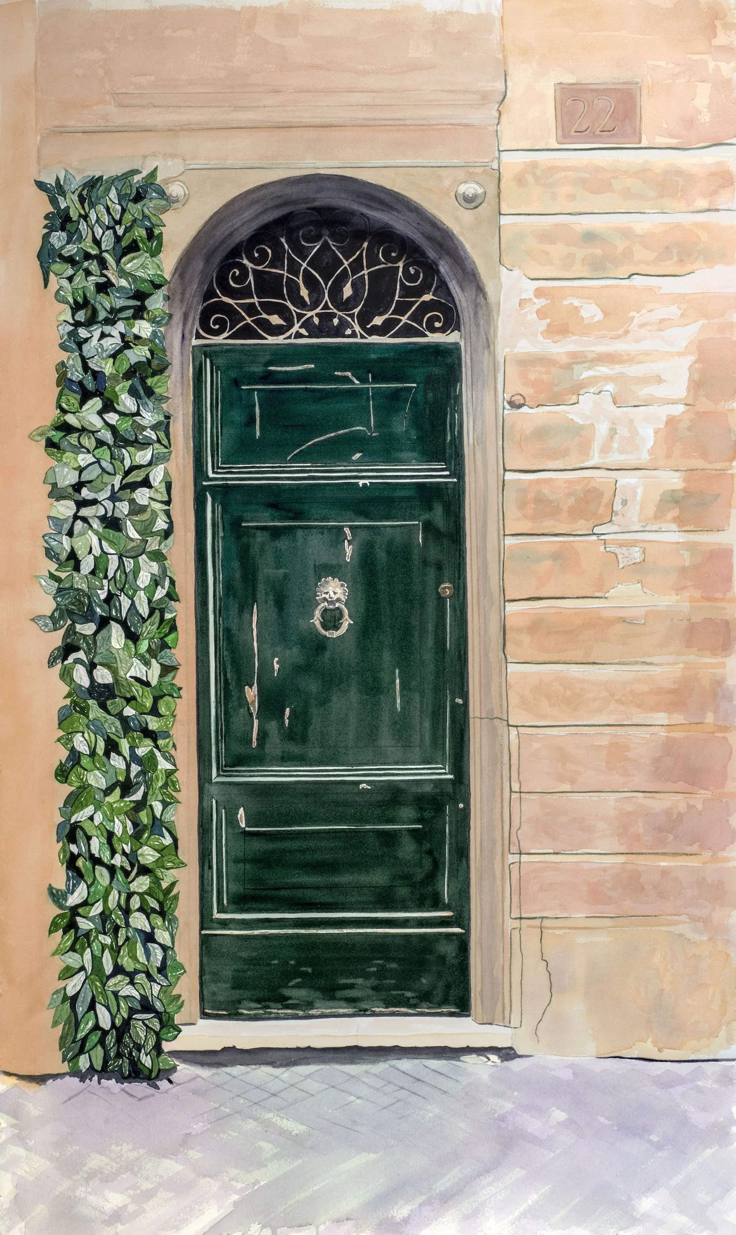 No.22 Da Vinci St., Original Watercolor on Paper, Size:  35 X 20, Price:  $795, Print on Paper:  $250, Inquire about smaller prints.