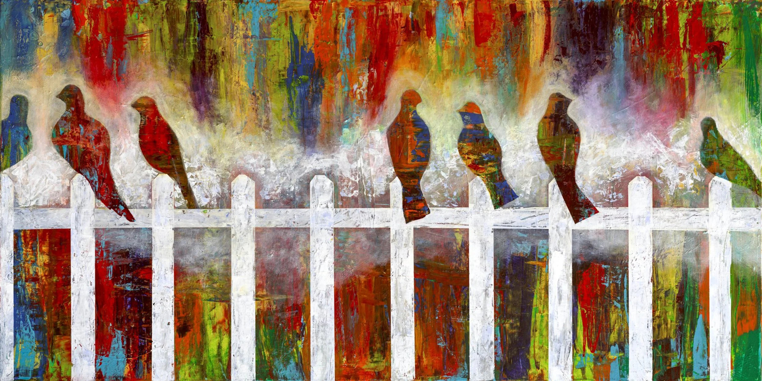 Birds on a Fence, Original Acrylic on Canvas, Size:  24 X 48, Price:  $1750