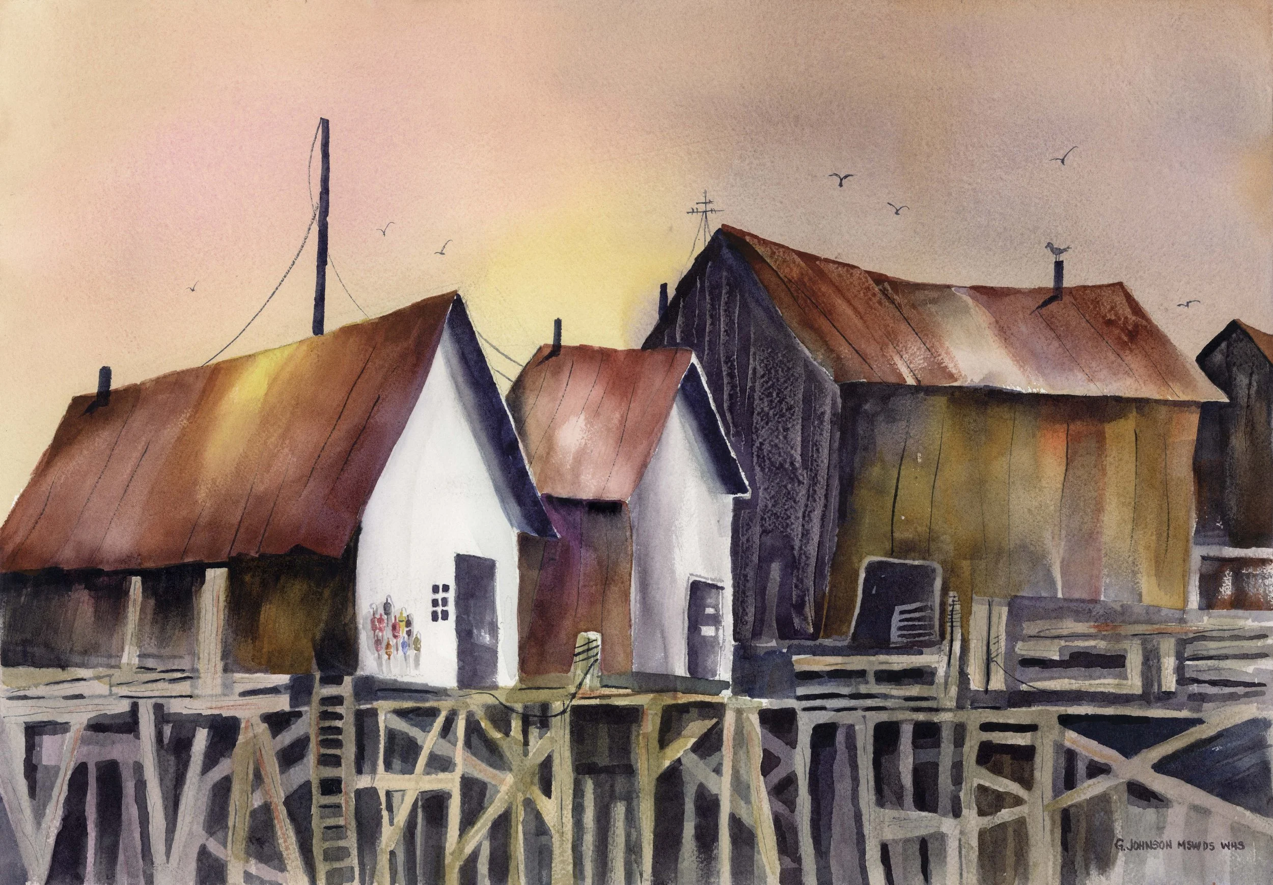 By the Pier in Maine, Original Watercolor on Paper, Size:  15 X 22, Price:  $750, Print on Paper:  $150.