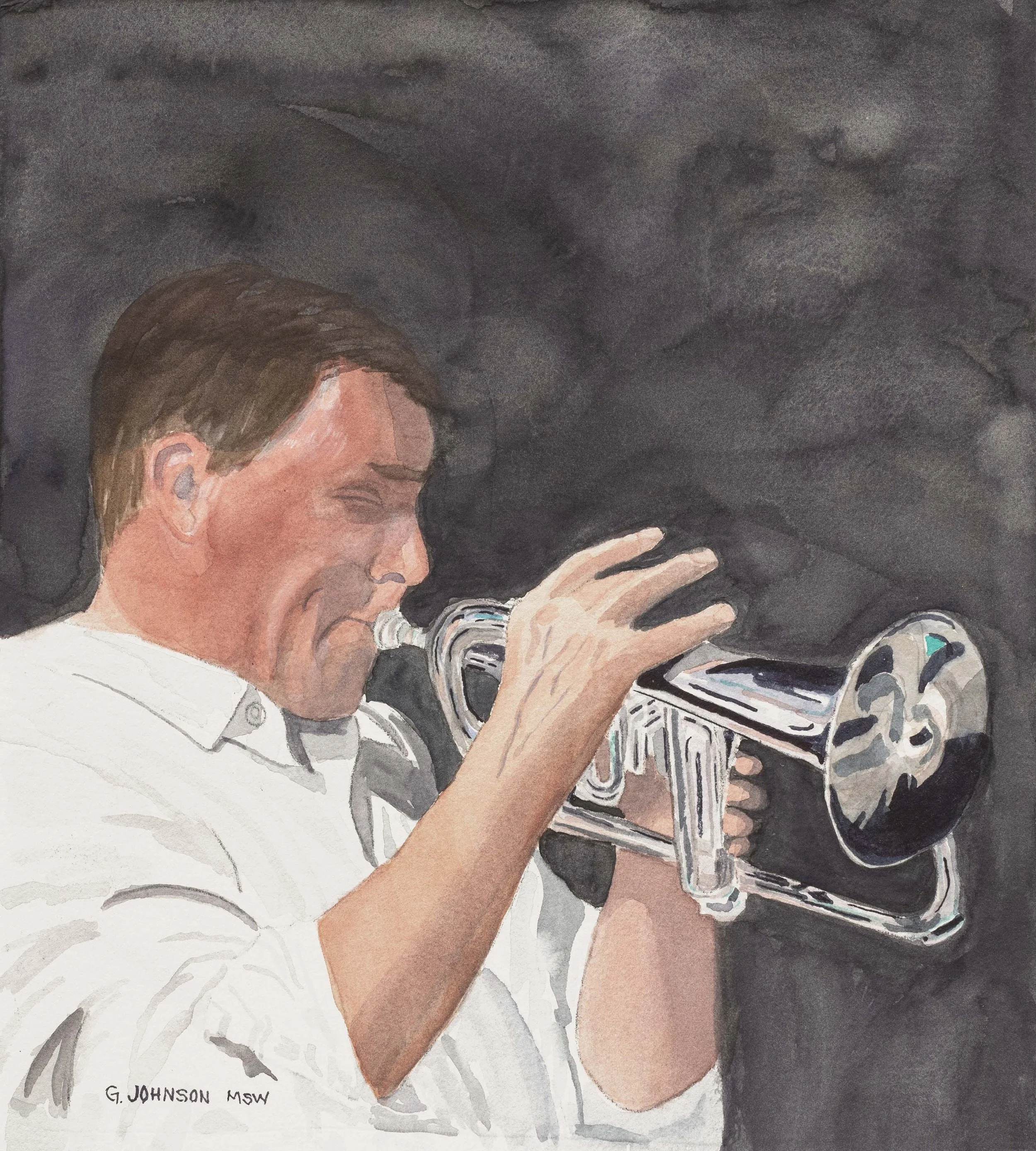 Trumpet Player, Original Watercolor on Paper, Size:  15 X 11, Original SOLD,  Inquire about prints.