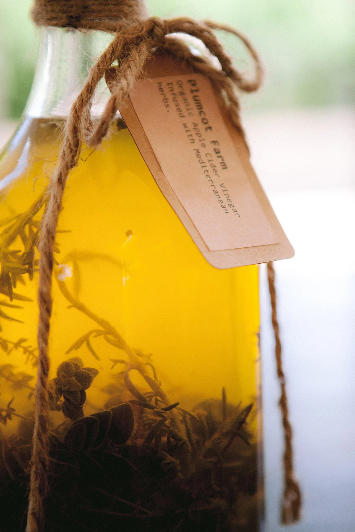 Close-up of a clear glass bottle of Plumcot Farm's Organic Apple Cider Vinegar with mediterranean herbs backlit with the light shining through with a hangtag attached with jute.