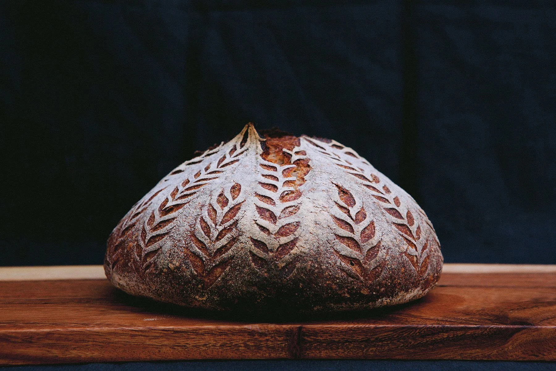 Round loaf of artisan sourdough bread with decorative scoring depicting leaves / branches on dark background, placed on a wooden surface