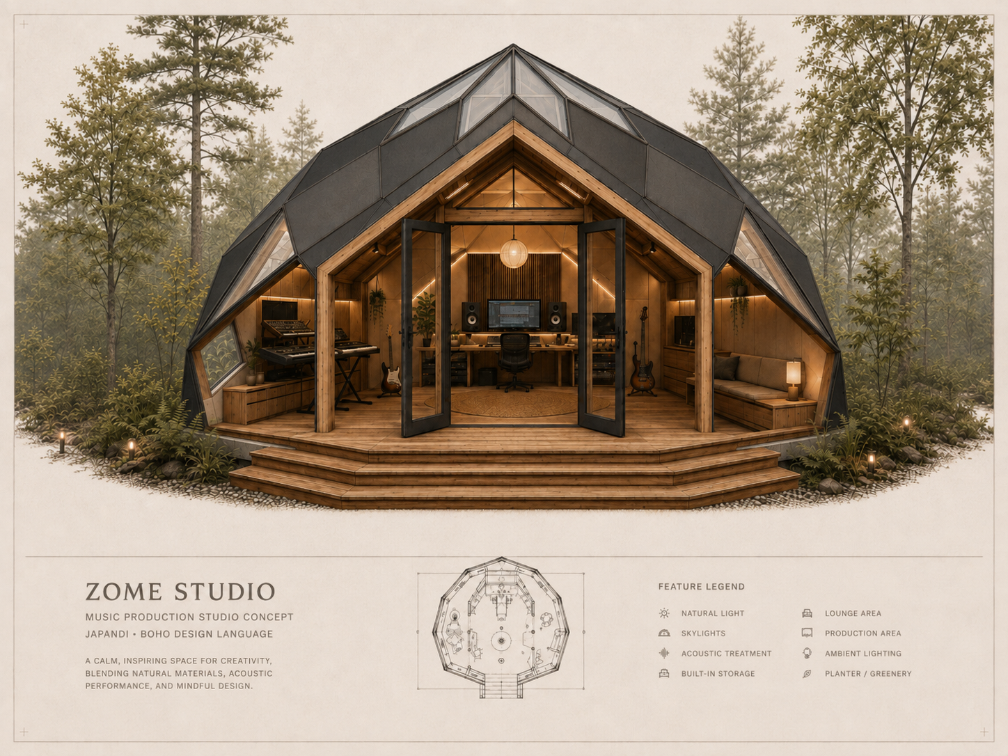 Architectural drawing of a music production studio featuring a geodesic dome shape, acoustic treatment, built-in storage, lounge area, production area