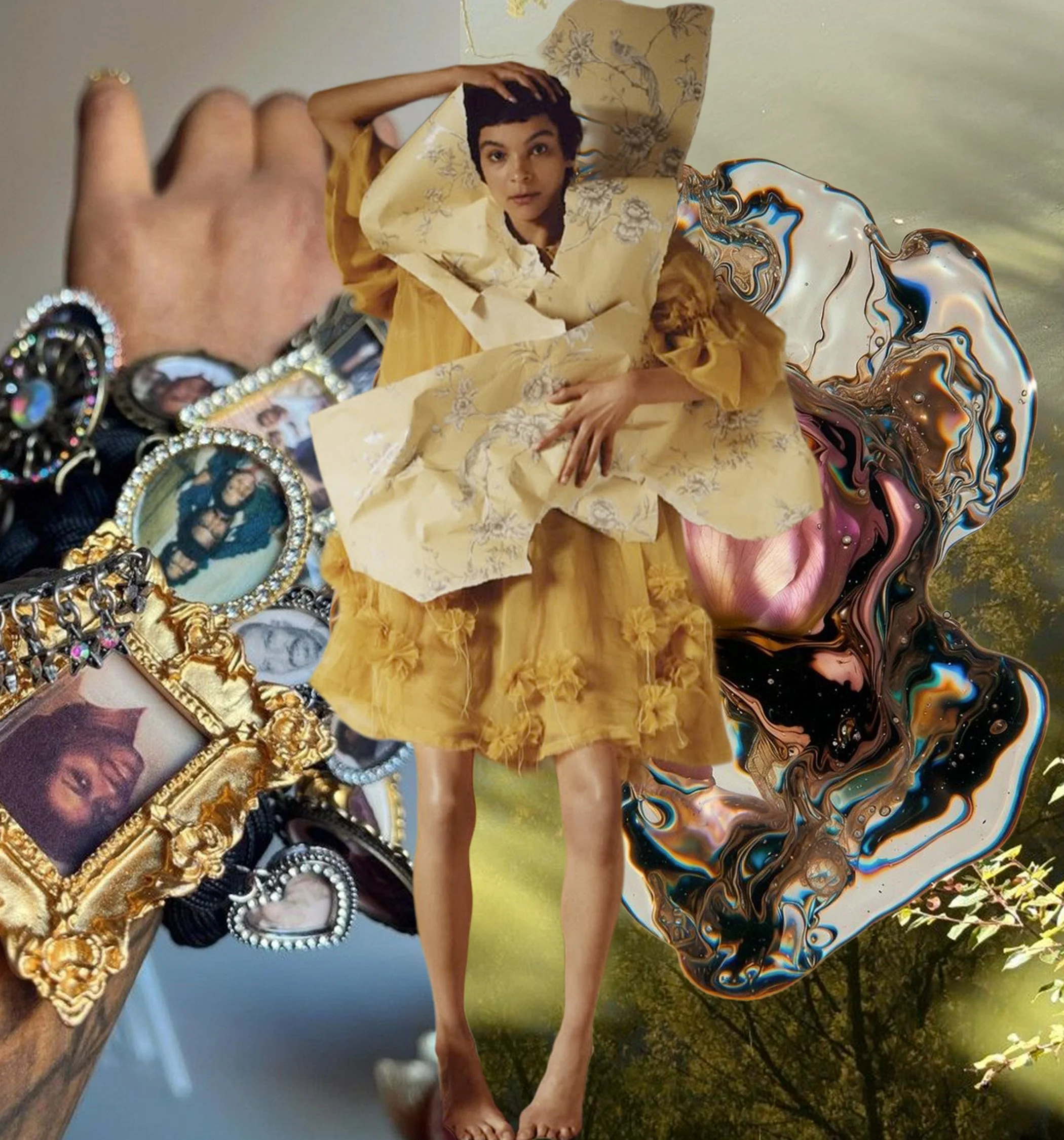 A woman laying on the grass, wearing a yellow dress with floral patterns, with her right arm behind her head and her left hand on her thigh, surrounded by colorful abstract swirling designs and jewelry, including bracelets, necklaces, and rings.