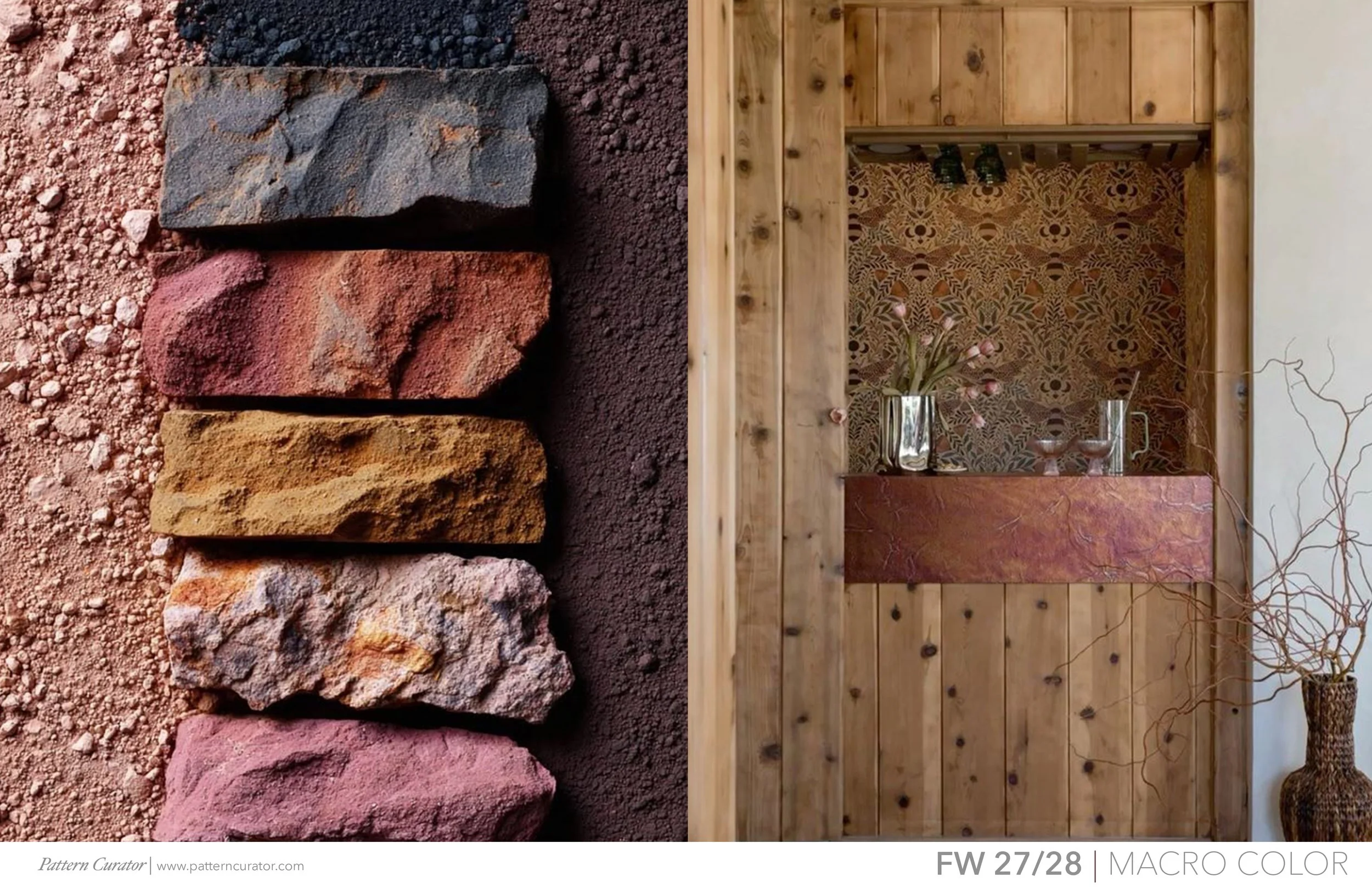 Close-up of multi-colored decorative stones on dirt ground on the left, and a wooden wall with decorative wallpaper, a small table with glass vases, and potted plants on the right.