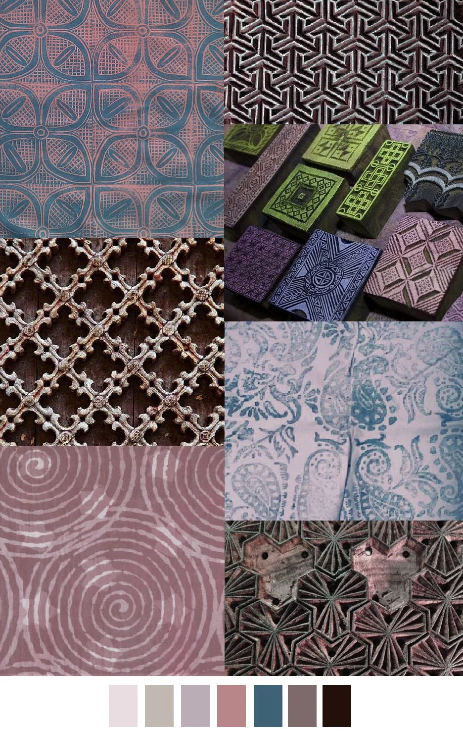 Collage of various intricate tile patterns and carved designs in different colors and styles.