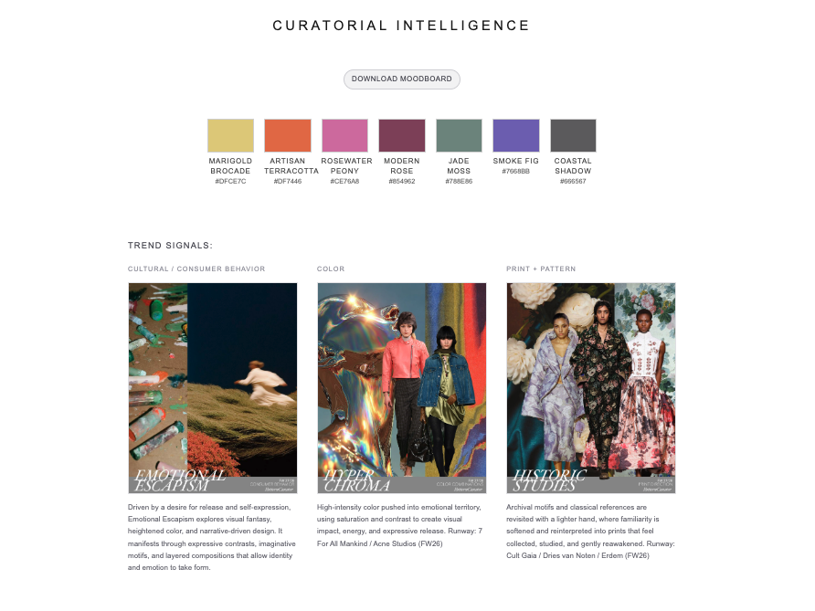 A digital moodboard with color palettes and trend signals for curatorial intelligence: a palette with beige, orange, pink, purple, green, gray, and black; trend signals in cultural/consumer behavior, color, and print and pattern with images of a plastic trash scene, children in a grassy field, models in colorful fashion, and models in floral garments. It includes text descriptions of trends.
