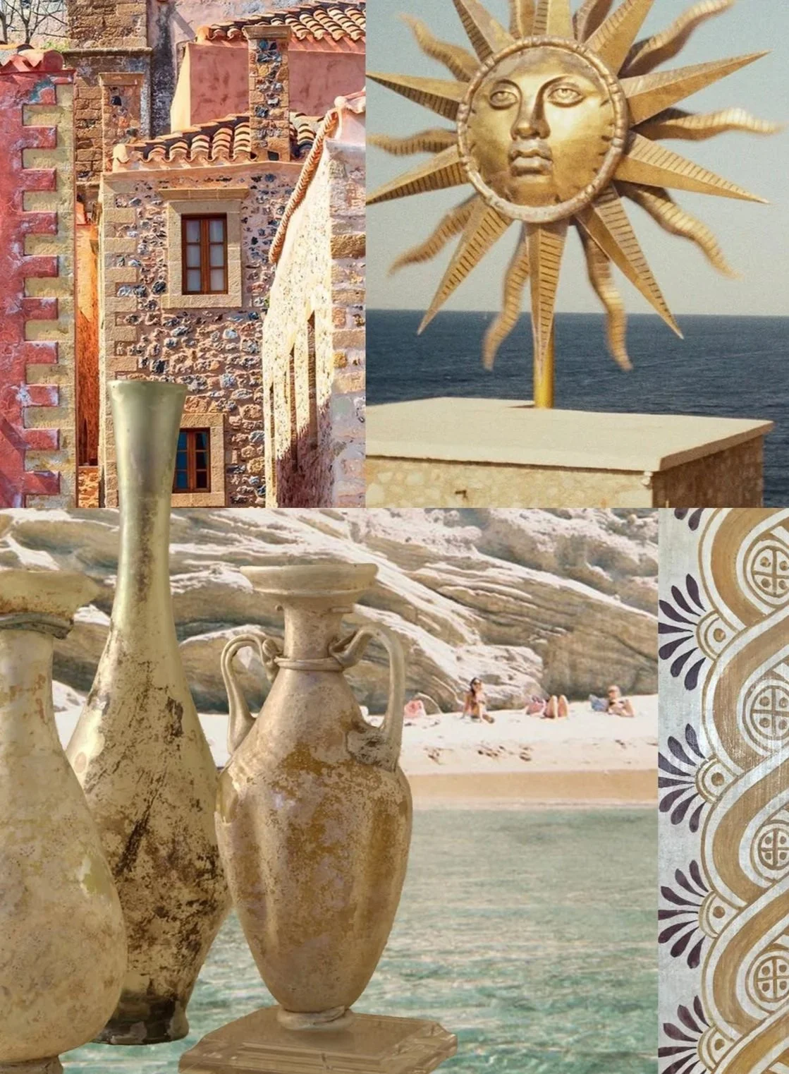 A collage featuring Mediterranean-style architecture, a decorative sun sculpture overlooking the sea, ancient pottery on a beach, and intricate tile patterns.