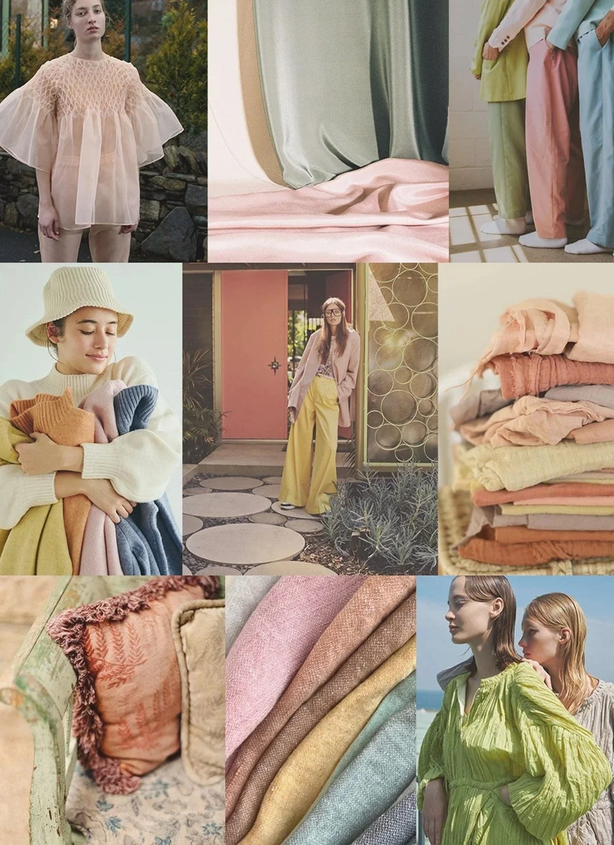Collage of fashion and fabric images including women in colorful and pastel clothing, folded textiles, fabric swatches, and a person in a setting with colorful decor.