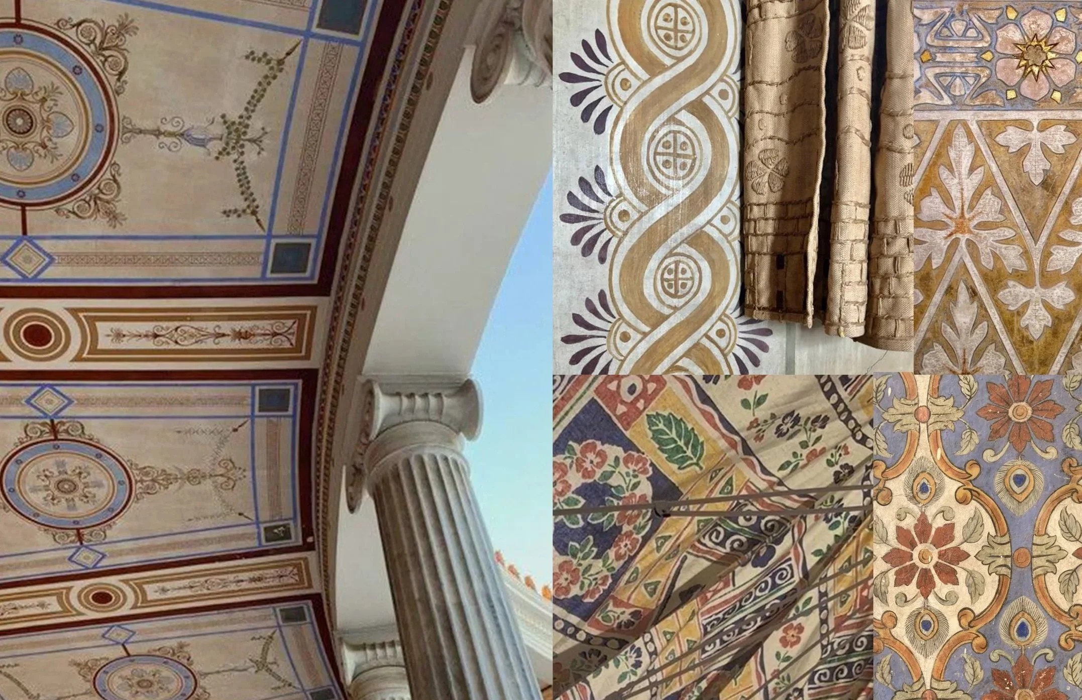 Close-up of decorated ceiling and walls with intricate patterns and columns, featuring floral motifs, geometric designs, and ornate borders.