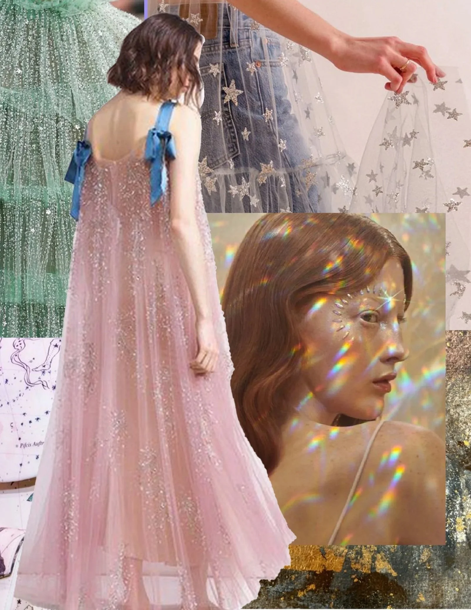 A collage of various images including a woman with red hair, a person with articulated finger painted nails, a woman in a pink dress with blue ribbons, a woman with holographic makeup, and decorative items like star and moon patterns.