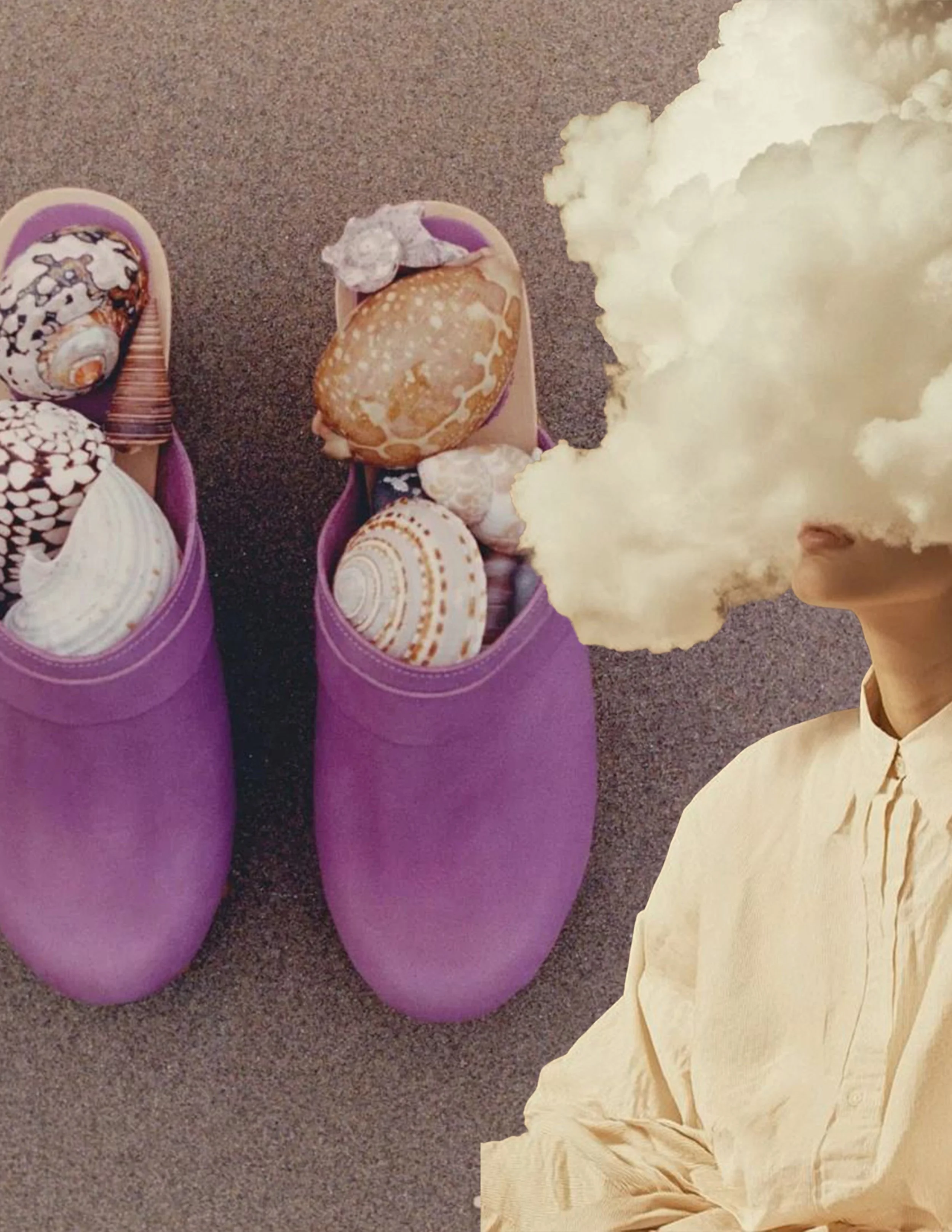 Purple sneakers with seashells inside, placed on a dark carpet next to a person wearing a yellow shirt.