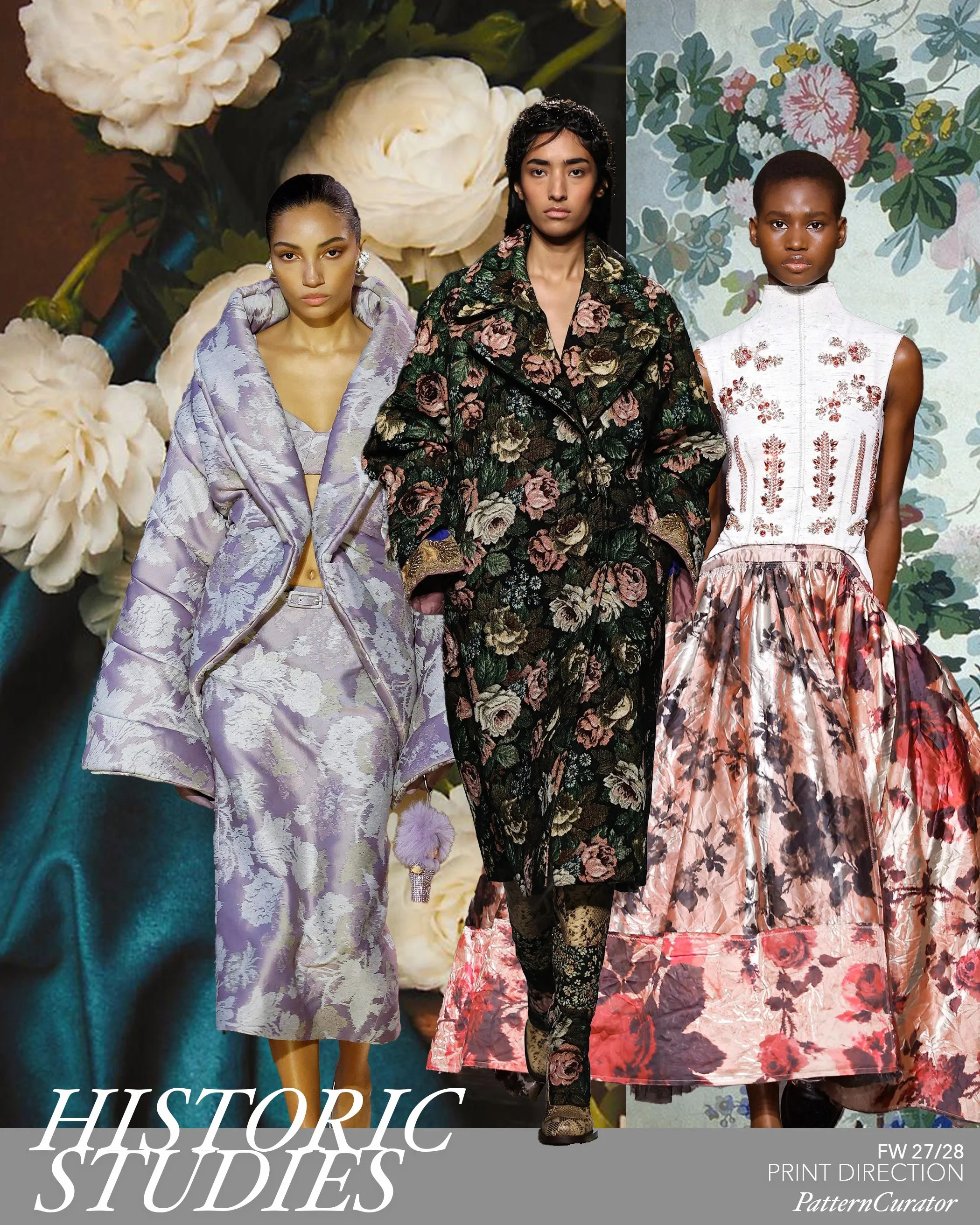 Three models walking down a runway in fashion show, wearing floral and patterned outfits with floral backgrounds behind them.