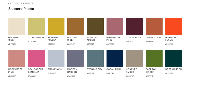 A seasonal color palette featuring 16 shades including Golden Cider, Citron Gold, Saffron, Golden Cider, Honeyed Amber, Rosewater Pink, Cloud Rose, Desert Clay, Horizon Flame, Rosewater Pink, Opalescent Camellia, Smoke Navy, Modern Harbor, Evening Sky, Ocean Rain, Honeyed Amber, Saffron Citron, Deep Harbor.