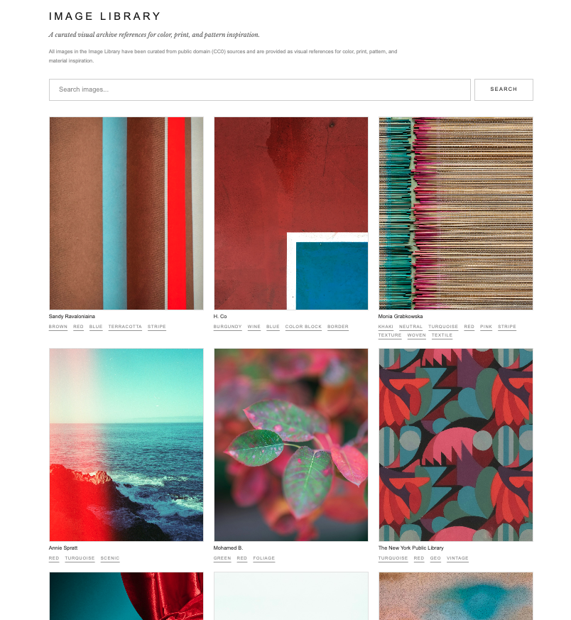 Screen shot of an online art and pattern archive website showing various images of textiles, nature, and abstract patterns with labels like 'BROWN', 'BLUE', 'TERRACOTTA', 'STRIPE', and others.