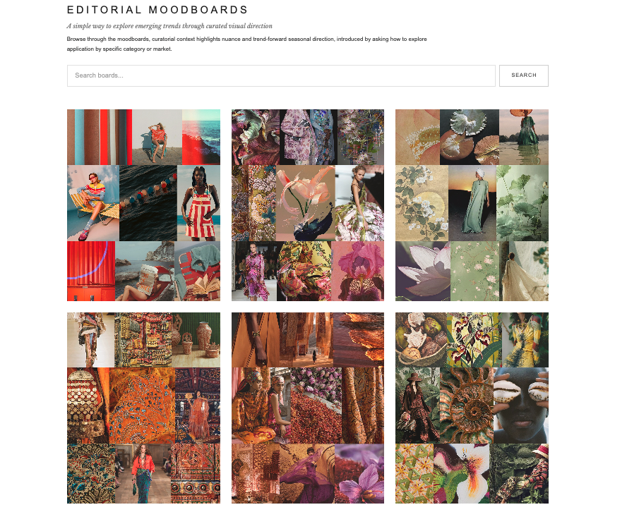 Screenshot of a webpage titled 'Editorial Moodboards' featuring various moodboard images organized in a grid, showcasing fashion, floral designs, textures, and vibrant colors.