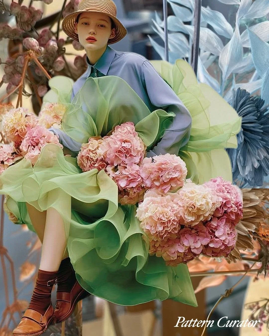 A woman wearing a large straw hat, blue shirt, and brown shoes with socks, is surrounded by an assortment of large, colorful flowers including pink and peach hydrangeas, and green and blue foliage.