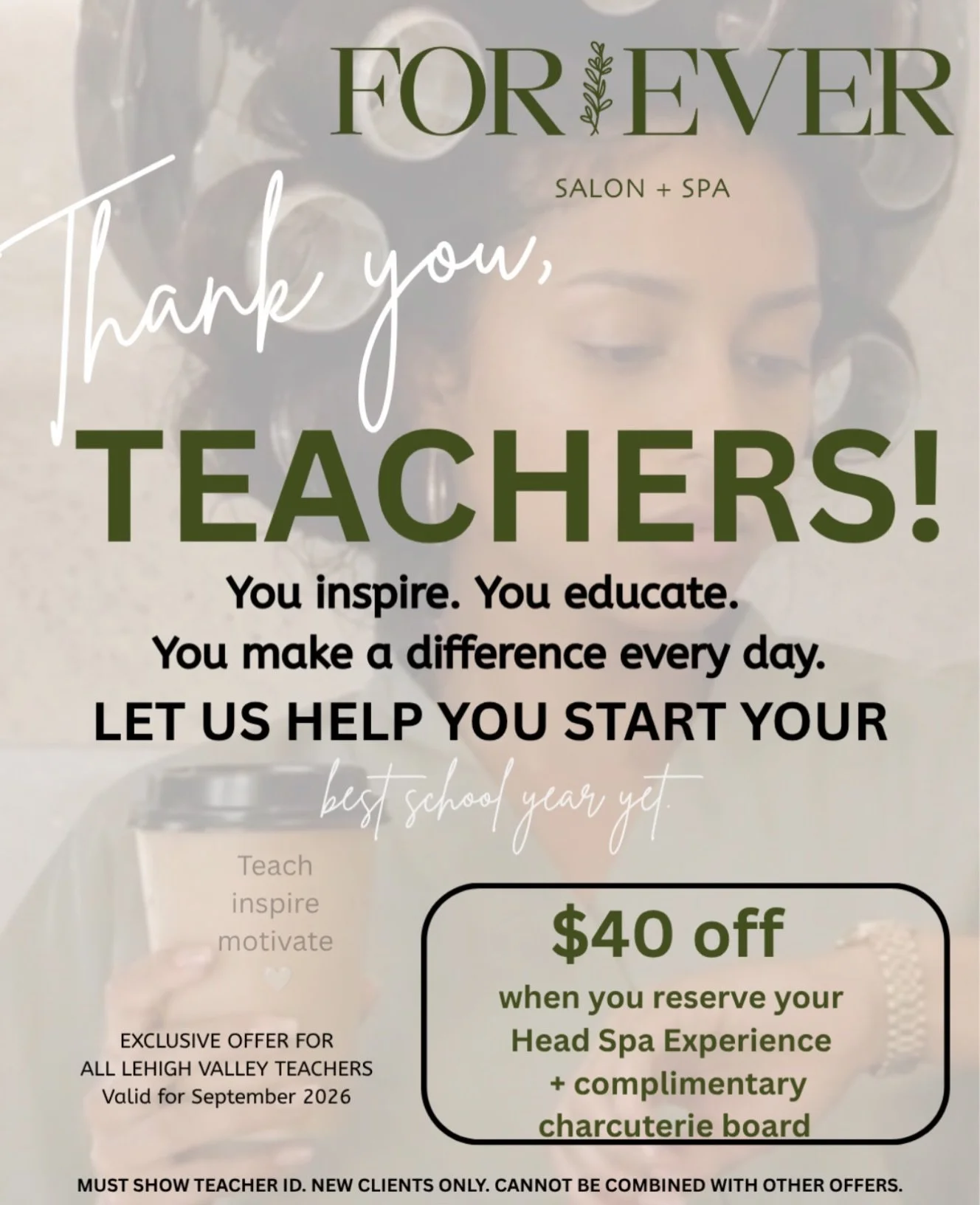 Are you a teacher in the Lehigh Valley??? 

🤍We want to take care of you this month!! 🤍

You inspire. You educate.
You make a difference every day.
Let us take care of you and help you have the 
best school year yet!! 

Reserve your experience in o