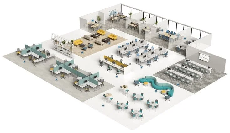 A modern office layout with various workspaces including open desks, private offices, collaborative areas, a lounge with yellow couches, a long conference table, a waiting area with a curved blue sofa, and kitchen or break area.