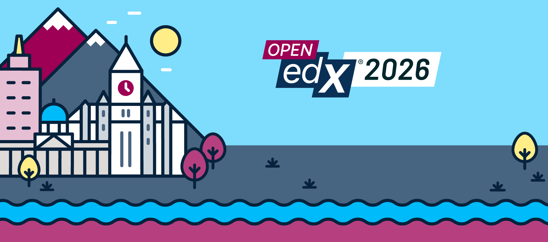 Digital illustration promoting the 2026 Open edX conference, featuring mountains, buildings, trees, the sun, and water with the event logo and year.