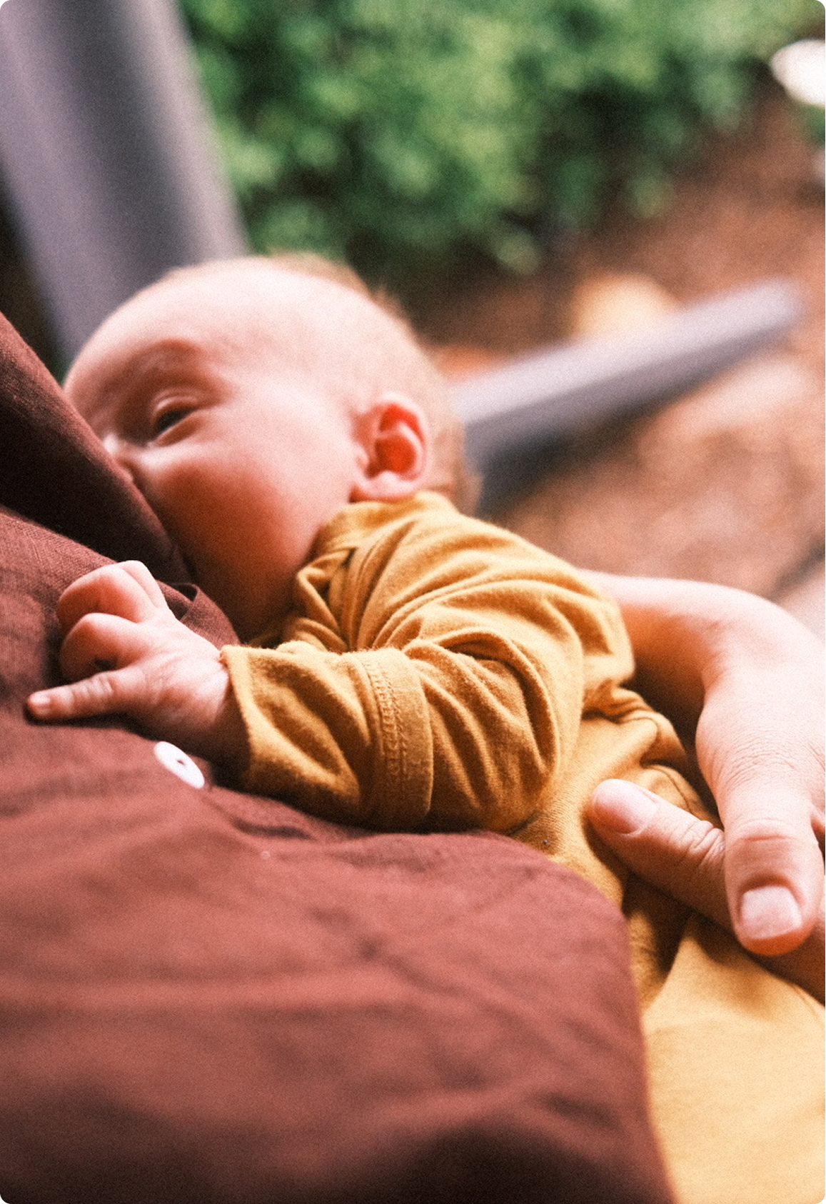 A baby with light hair sleeping on an adult's chest outdoors, with green foliage in the background.
