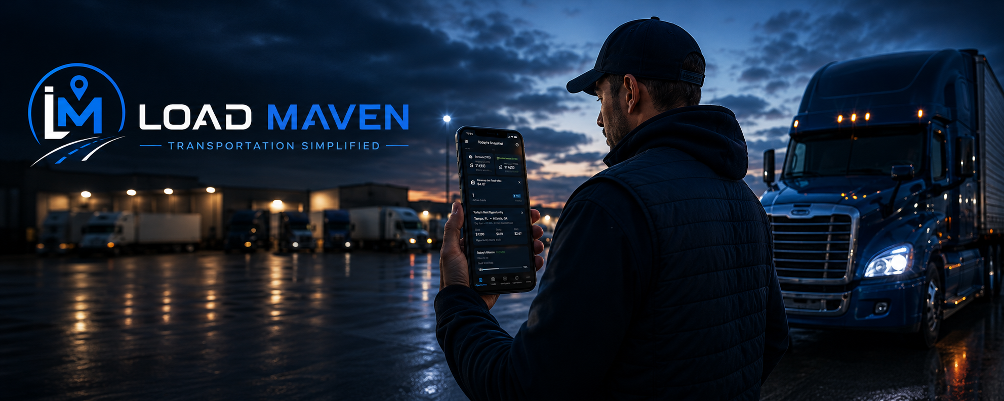 A man in a dark hoodie holding a smartphone, with a truck and a line of parked trucks on a wet lot at dusk, promoting Load Maven transportation app.