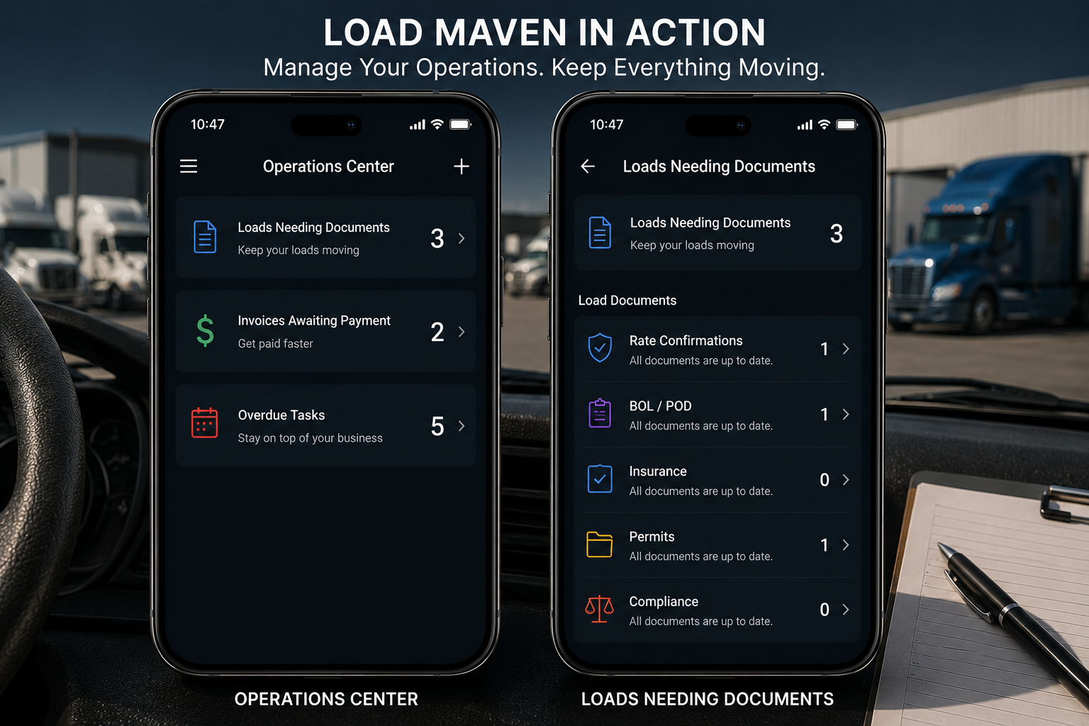 Two smartphone screens showing a logistics management app interface amid a truck yard background. The left screen displays an Operations Center with notifications for loads needing documents, invoices awaiting payment, and overdue tasks. The right screen shows a detailed list of load-related documents including rate confirmations, BOL/POD, insurance, permits, and compliance, with document status counts.