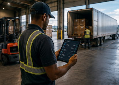 A worker in a warehouse with a reflective vest using a tablet, with a warehouse worker loading boxes into a truck in the background.