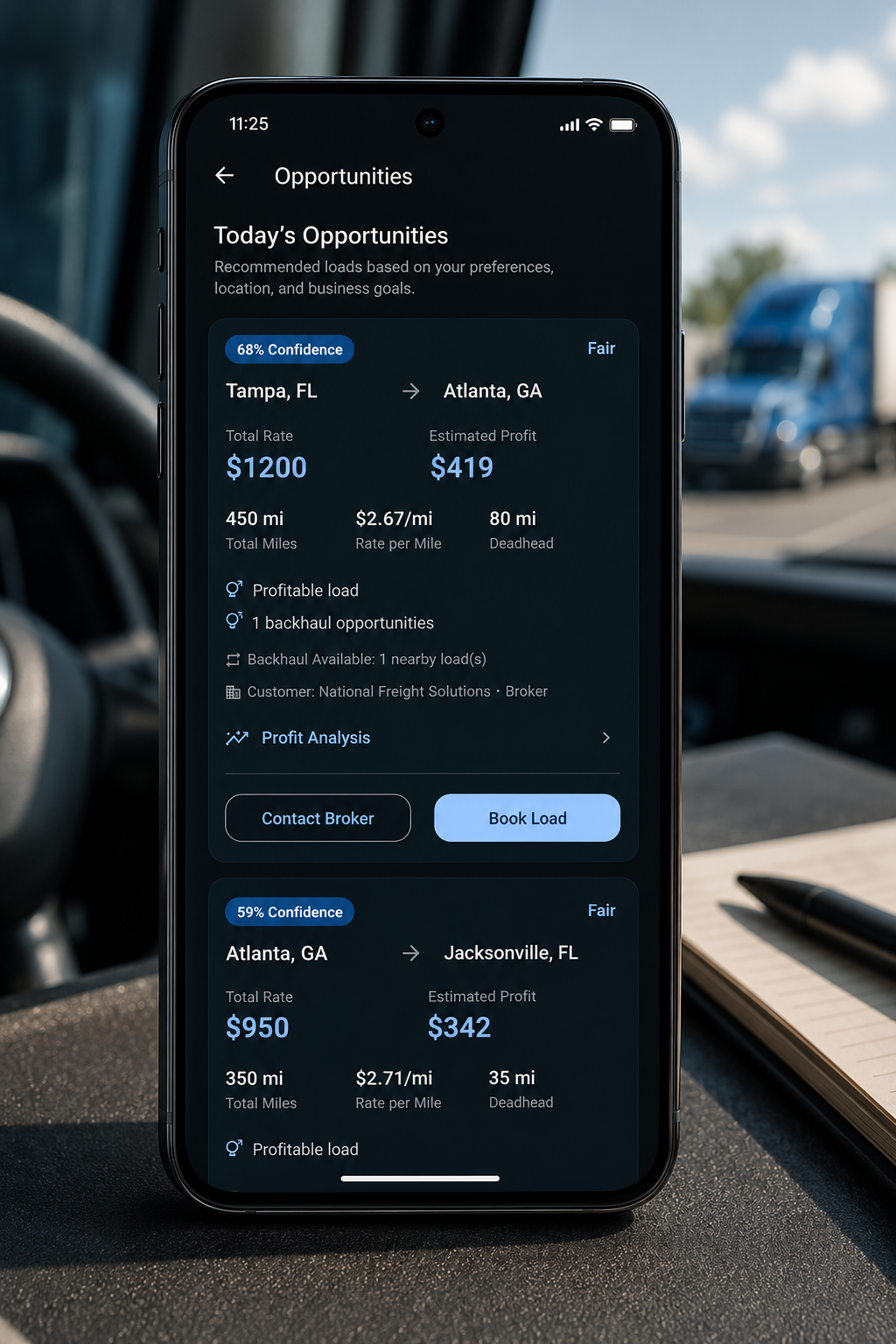 Smartphone screen displaying a transportation booking app with trip options from Tampa, Florida to Atlanta, Georgia, and from Atlanta to Jacksonville, Florida, including details like cost, distance, and profit analysis.