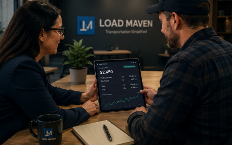 Two people sitting at a table, looking at a tablet displaying financial data, with a 'LOAD MAVEN' sign and a potted plant in the background.