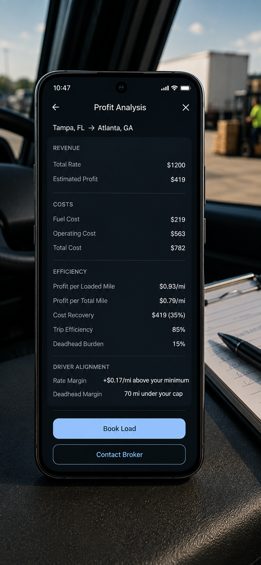Smartphone displaying profit analysis for a trucking route from Tampa, Florida to Atlanta, Georgia, showing revenue, costs, efficiency metrics, and driver alignment details.