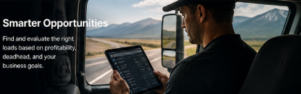 Person using a tablet inside a truck cab with mountains and highway in the background, overlaid with text about smarter opportunities, load management, profitability, and business goals.