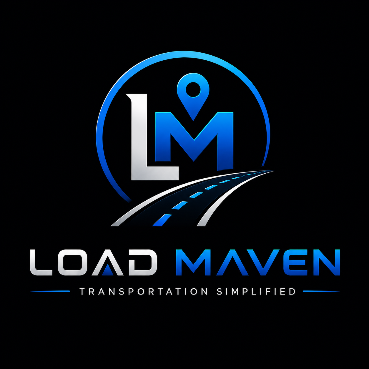 Logo for Load Maven featuring a blue and white road graphic, a location pin, and the text "LOAD MAVEN" with the tagline "Transportation Simplified".
