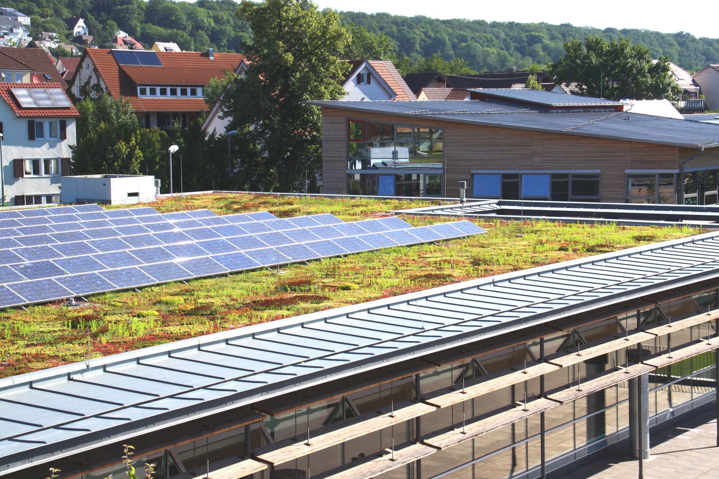 Moderne Gebäude mit Solarzellen auf dem Dach und begrüntem Dach in einem Wohngebiet, umgeben von Bäumen und Hügeln.