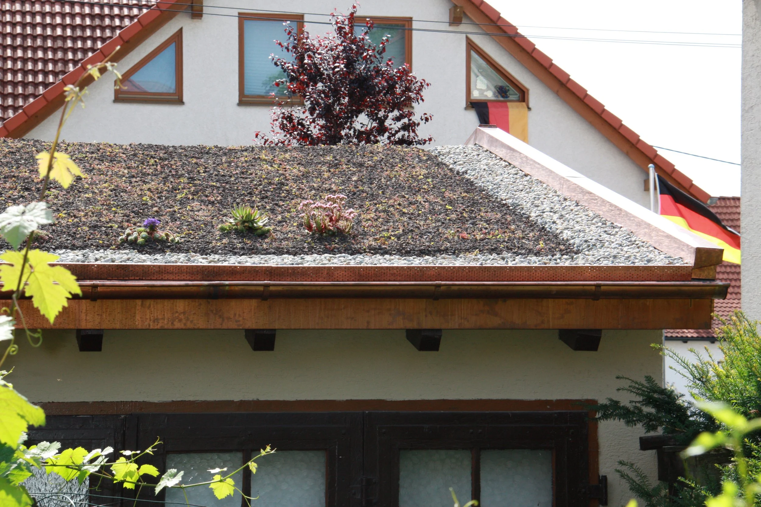 Ein Haus mit roten Dachelementen, mehreren Fenstern und einer begrünten Dachfläche mit Pflanzen und Steinen. 