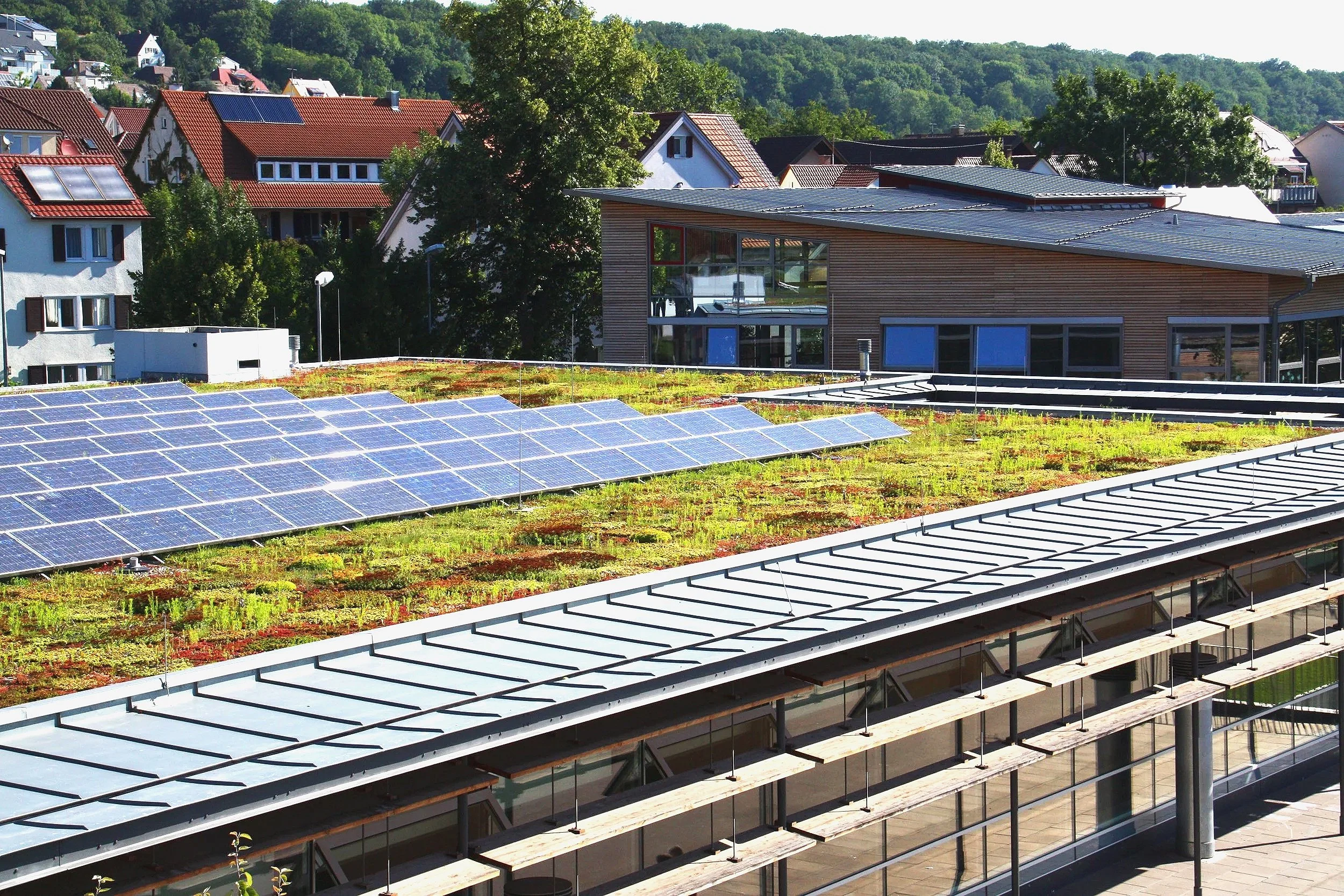 Ein Gebäude mit Solarpanelen auf dem Dach, umgeben von Bäumen und anderen Häusern in einer hügeligen Gegend.