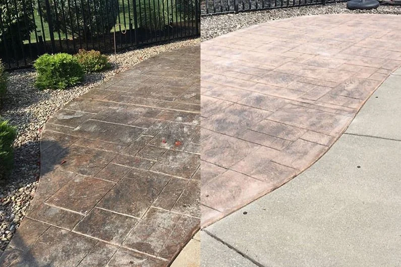 Side-by-side comparison of a concrete walkway before and after cleaning, showing a cleaned, brighter surface with fewer stains.