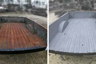 Comparison of a wooden deck before and after renovation, showing old weathered wood on the left and newly painted or treated wood on the right.