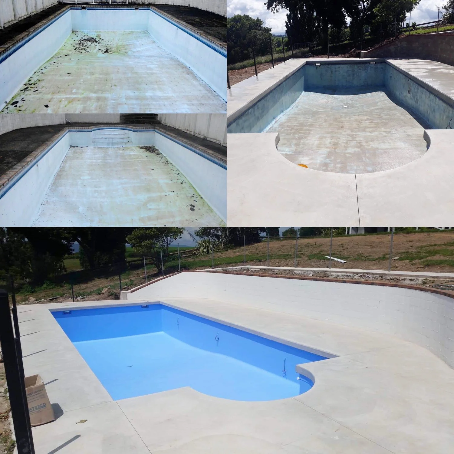 Progression of a swimming pool renovation, from dirty and stained to newly refinished and clean with blue water.