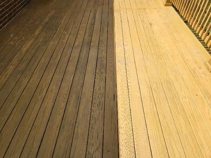 Comparison of two wooden deck surfaces, one dark-stained and the other light-colored, separated by a straight dividing line.
