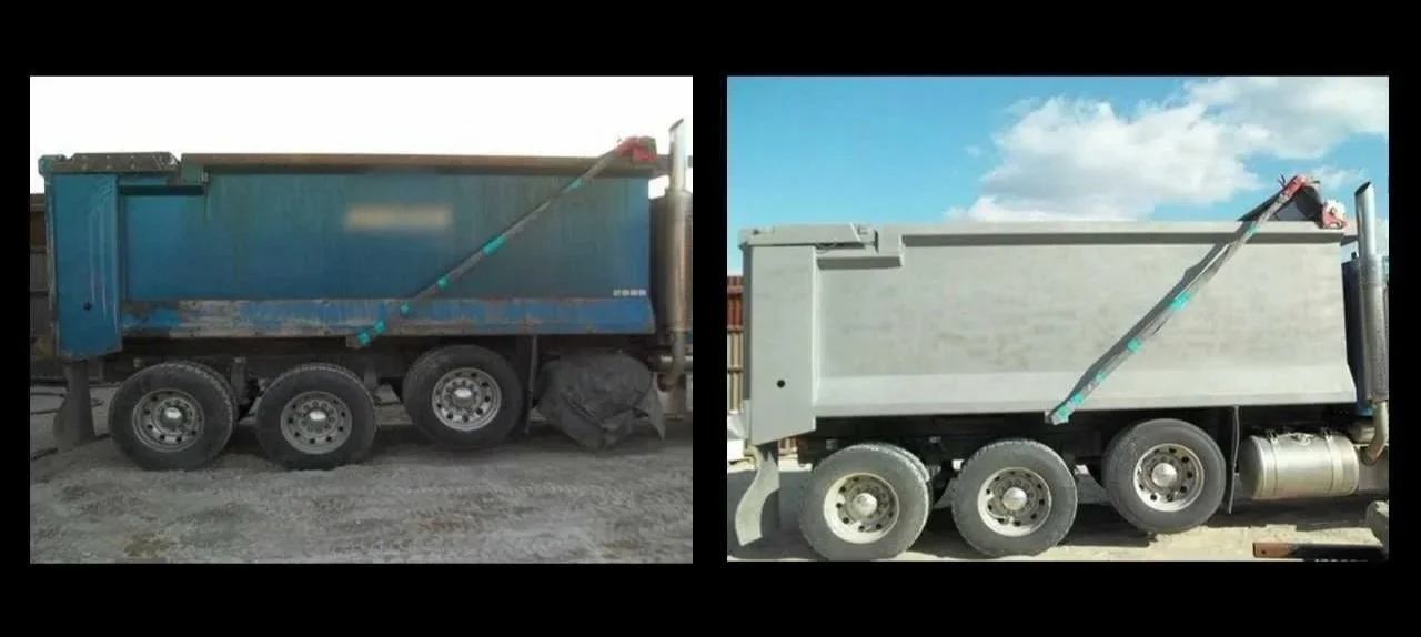 Side view of two dump trucks. The left truck is blue and dirty, the right truck is gray and clean. Both trucks have similar size and shape, with four wheels and a hydraulic lift for the bed.