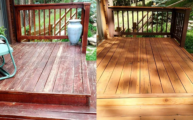 Comparison of a weathered, old wooden deck on the left and a newly refinished, shiny wooden deck on the right.