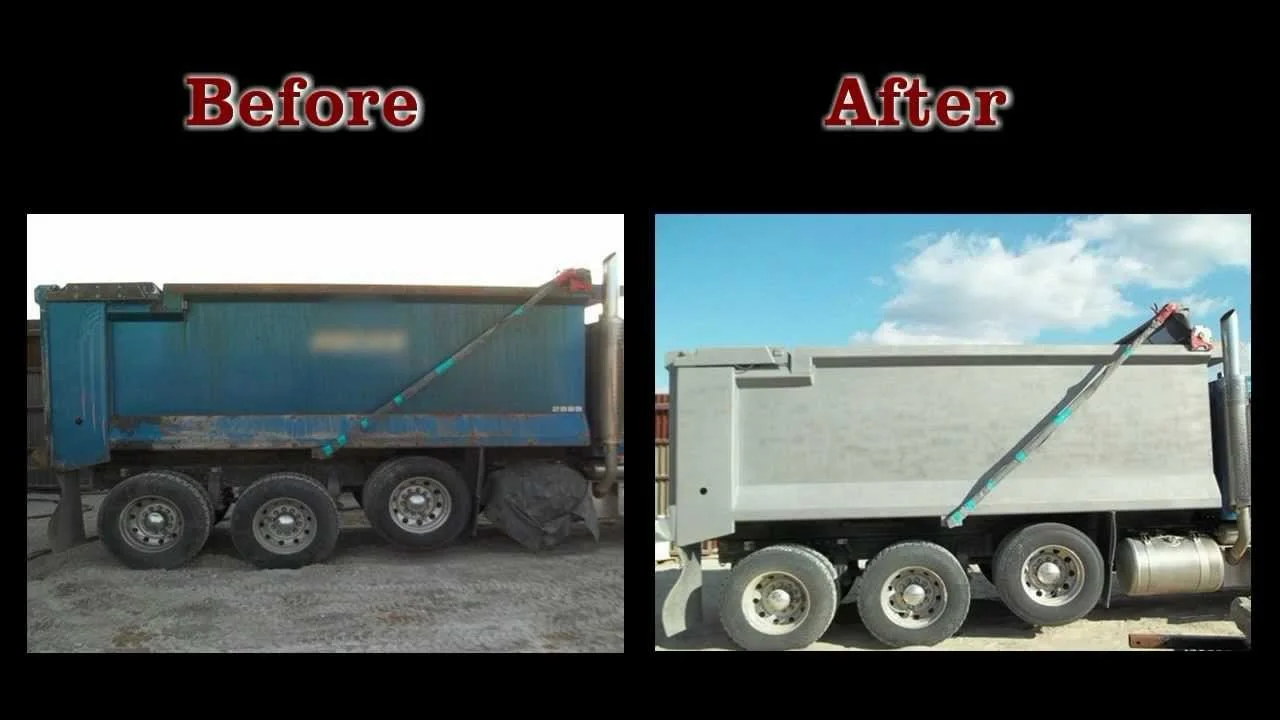 Side-by-side comparison of a dump truck before and after cleaning or painting, with the "Before" truck appearing dirty and the "After" truck looking clean and painted.