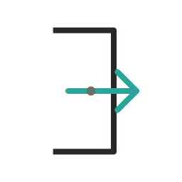 Simple arrow pointing to the right, emerging from an open door.