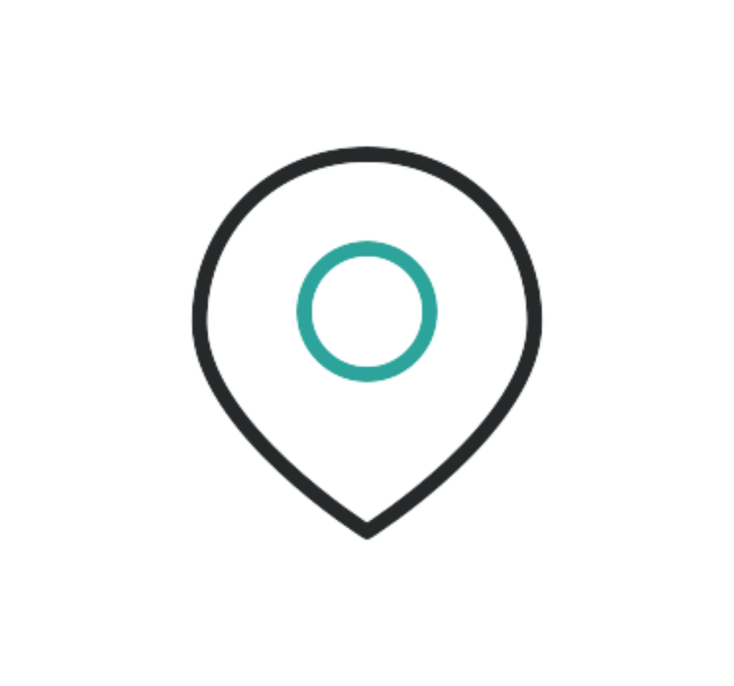 Close-up of a digital map pin marker icon with a teal circle inside a black outline